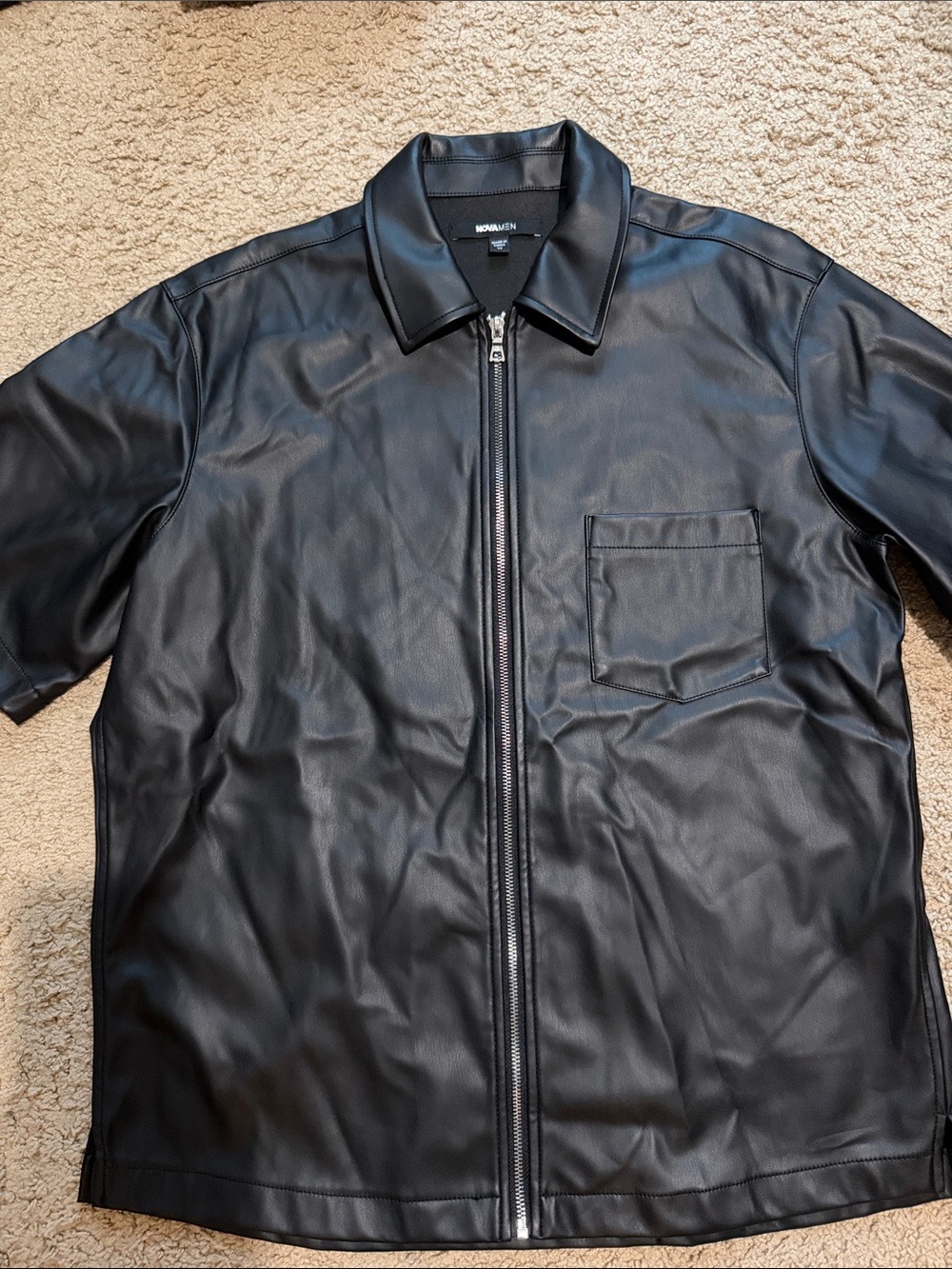 Black Short-Sleeve Leather Zip-Front shirt
